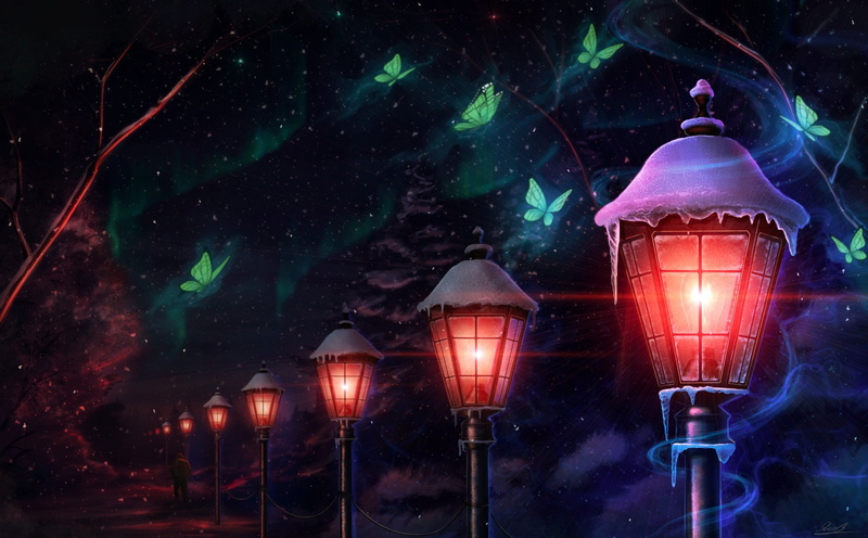 technology, low angle view, candle, butterfly, fishing, glowing, nightlife, night, snow, nature, built structure, illuminated, light - natural phenomenon