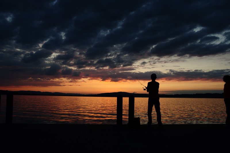 sunset, sea, 4K, Switzerland, fishing rod
