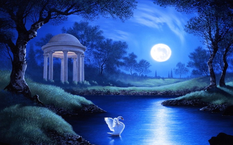 Moon, Gazebo, Garden, Night, 1080P, Artistic, Swan, Fantasy, Blue, Lake