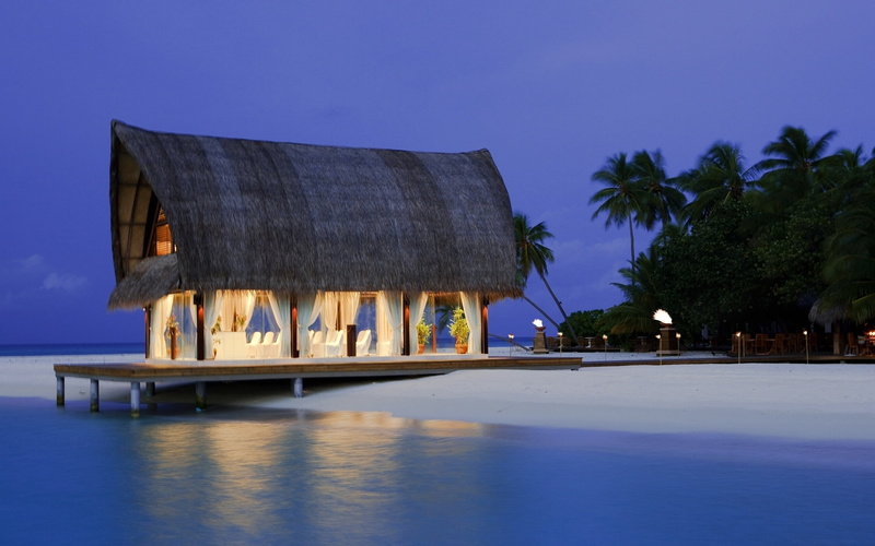 illuminated, brown, land, holiday, dusk, palm trees, outdoors, blue, lights, clear sky, sky, built structure, gazebo, evening, sea, scenics - nature, water