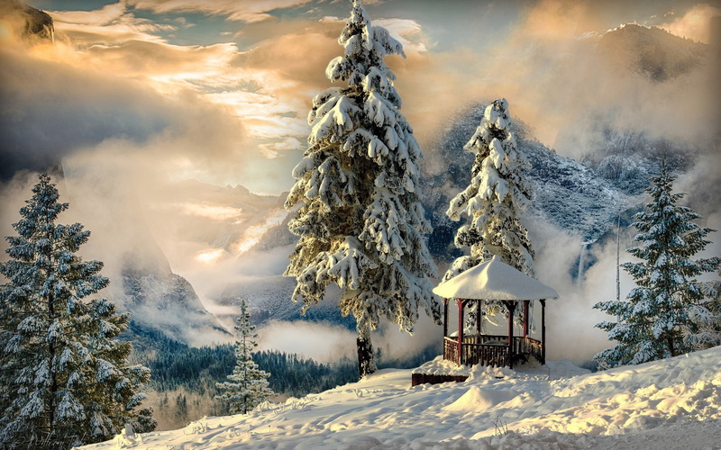 tranquility, tranquil scene, cold temperature, snow, ski resort, environment, cloud - sky, tree, mountains, winter, forest, gazebo, sky, frozen, trees