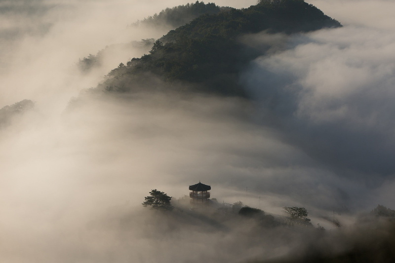 1080P, gazebo, clouds, landscape, mist, mountains