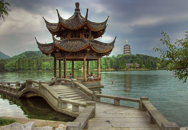 2K, day, water, plant, cloud - sky, religion, wood - material, architecture, bridge, sky, hangzhou, china, tranquility, tree, nature, brown, travel destinations