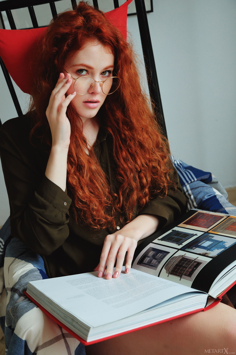 blouse, redhead, Heidi Romanova, house, chair, 4K, sheet, glasses, long hair, room, portrait display, Met-Art, women