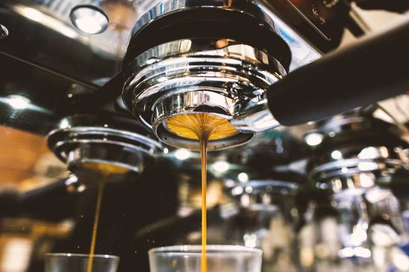 metal, purity, machinery, in a row, 5K, indoors, alcohol, selective focus, motion, cafe, portafilter, caffeine, freshness, focus on foreground, low angle view
