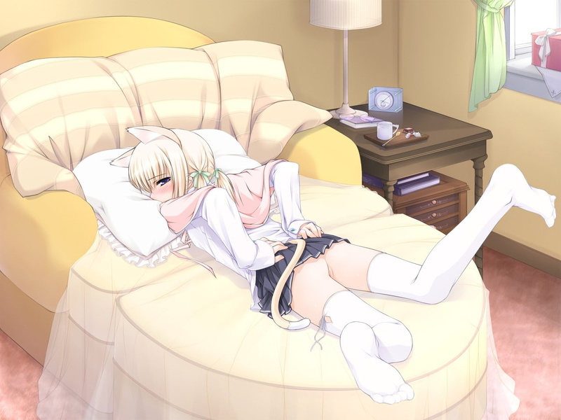 720P, bottomless, anime, animal ears, original characters, nekomimi, school uniform, bedroom, thigh-highs