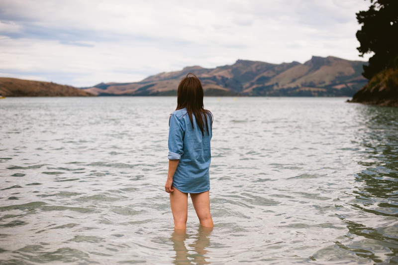 shirt, 4K, cloud - sky, nature, lake, scenics - nature, hairstyle, vacations, women, leisure activity, jeans, hills, bottomless, rear view, outdoors, water