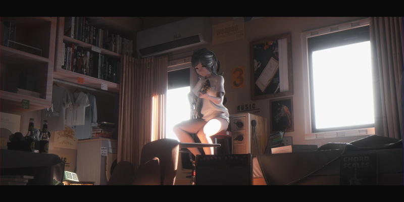 guitar, anime girls, sunlight, 8K, 3D graphics, bottomless, indoors