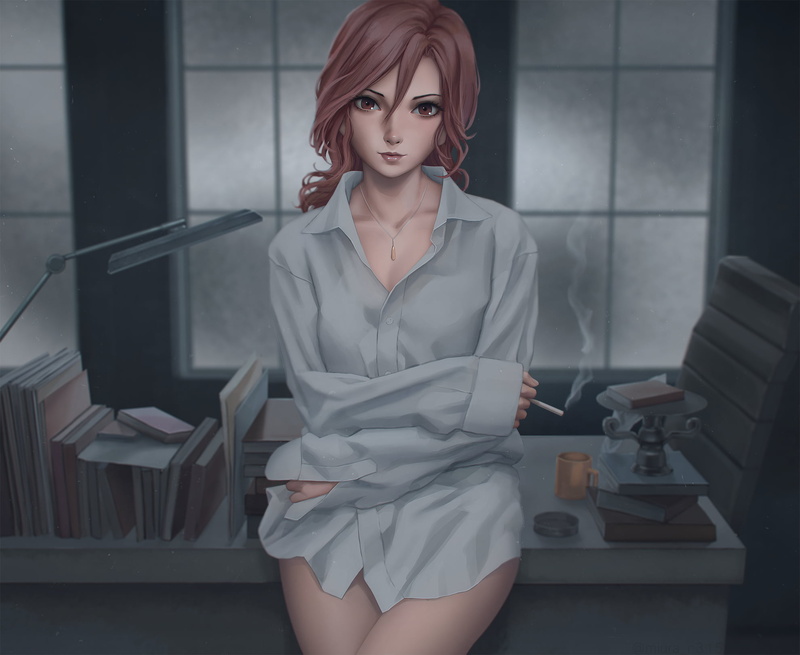 anime girls, Miura Naoko, smoke, shirt, drawing, anime, Aozaki Touko, bottomless, fan art, looking at viewer, digital art, office girl, 1080P, cigarettes