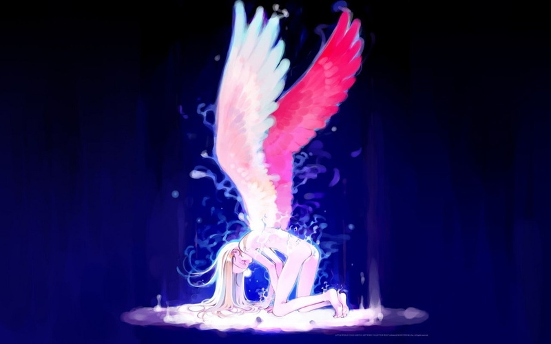 hair, blue, feathers, angels, hd, dark, 720P, dress, eyes, art, long, hatsune, t, wings, gloves, anime, bottomless, miku, black, vocaloid, hot