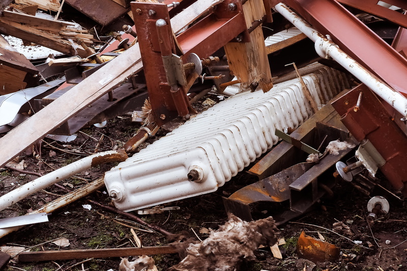 building, scrap, scrap metal, 4K, wood, rusty, oil pump, demolition, weathered, tear off, high angle view, outdoors, scrap iron, heater, abandoned, white