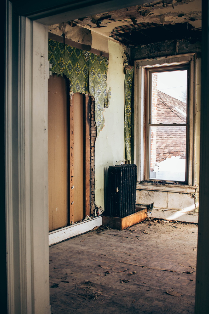 built structure, architectural column, architecture, house, near, ceiling, deterioration, home interior, abandoned, empty, heater, indoors, renovation