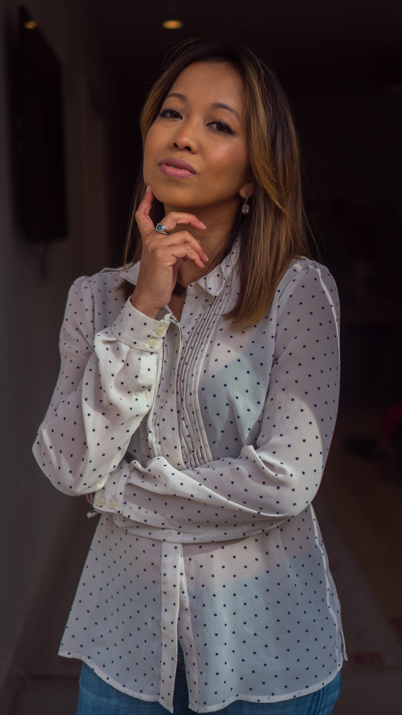 leisure activity, chiffon, women, woman, collared, polka, hairstyle, sleeved, one person, young adult, contemplation, top, young women, casual clothing