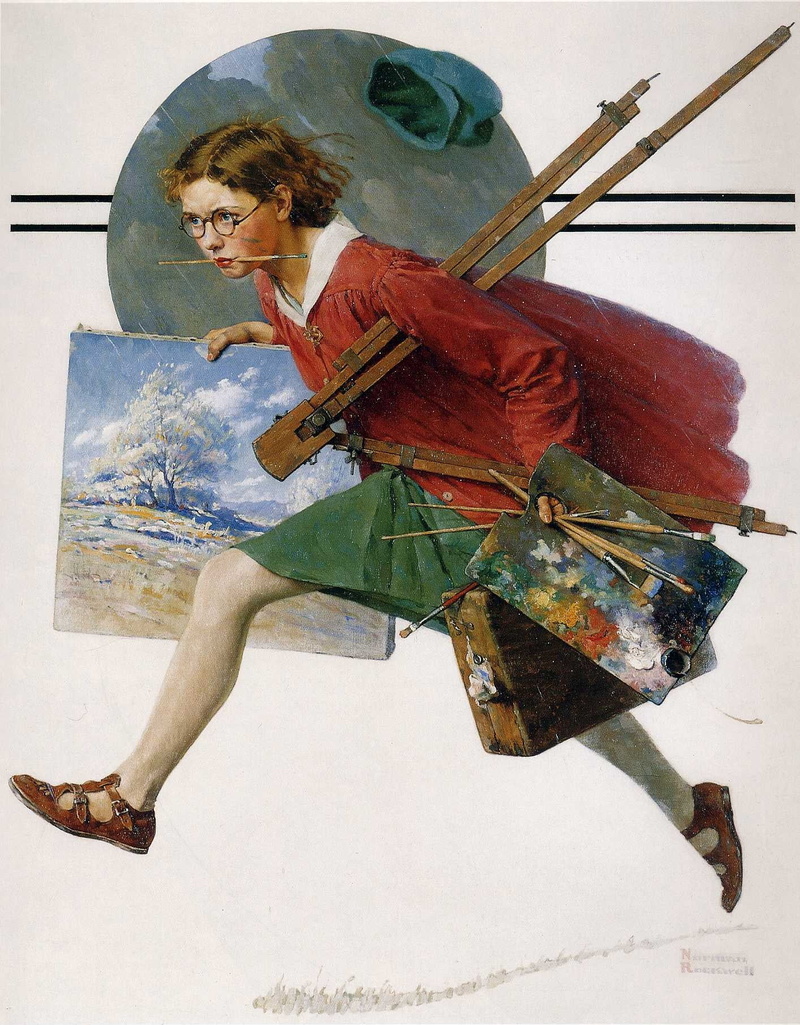 schoolgirl, illustration, traditional art, 720P, easel, Norman Rockwell, artwork, Pallets, oil painting, Traditional Artwork, Run