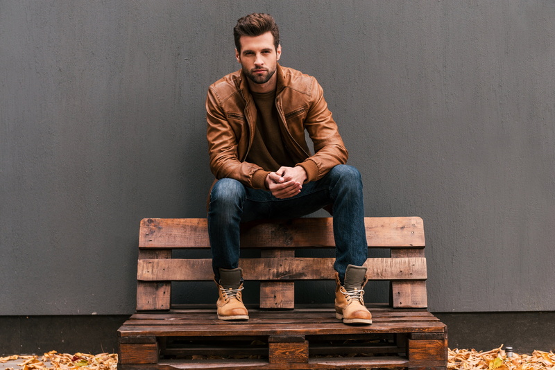 5K, guy, leaves, jacket, pallets, shoes, sitting, autumn, male, wall, jeans, yellow, portrait, t-shirt