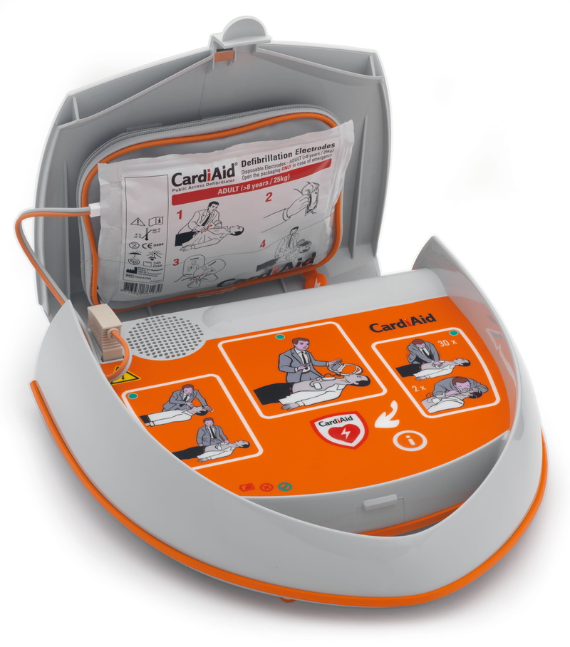 user friendly, orange, gray, indoors, semi-automatic, studio shot, cardiac arrest, red, cardaid, defibrillator, technology, citizen first aid, reanimate