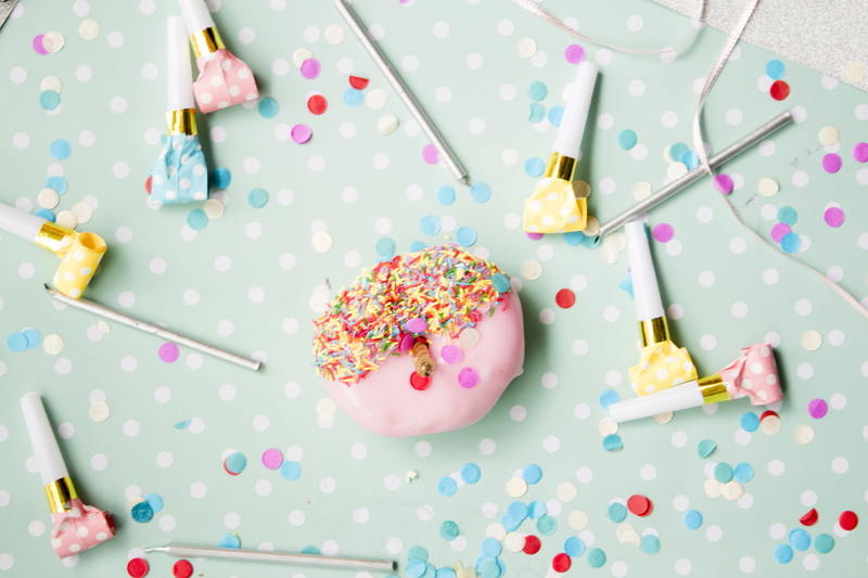 birthday candles, confetti, polka dot, high angle view, indulgence, doughnut, temptation, color, freshness, 5K, indoors, candle, baked, birthday, multi colored