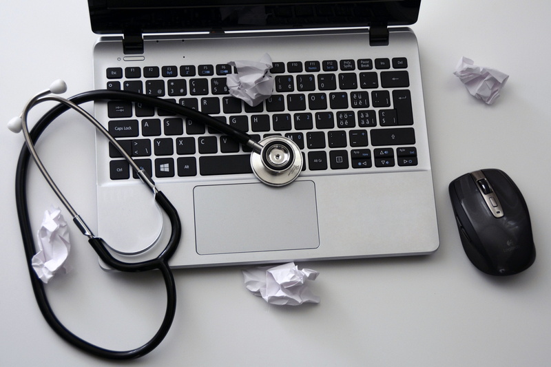 close-up, indoors, connection, computer keyboard, communication, mouse, untidy, laptop, workspace, keys, stethoscope, equipment, beside, gray, high angle view