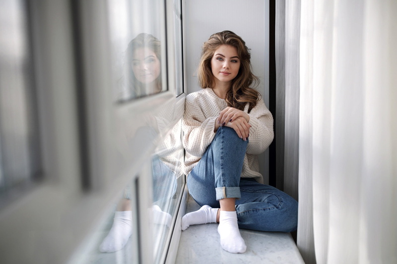 Murat Kuzhakhmetov, model, curtains, makeup, sitting, pose, Margarita, hairstyle, 1080P, beauty, portrait, socks, look, jeans, jumper, sill, window, brown
