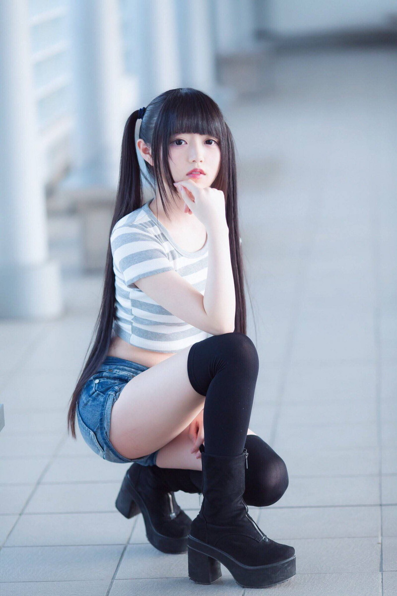 boots, women, model, petite, stockings, twintails, long hair, 1080P, Asian, squatting, jean shorts, dark hair