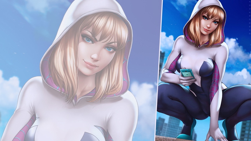 blonde, blue eyes, squatting, 1080P, Spider-Gwen, dandon fuga