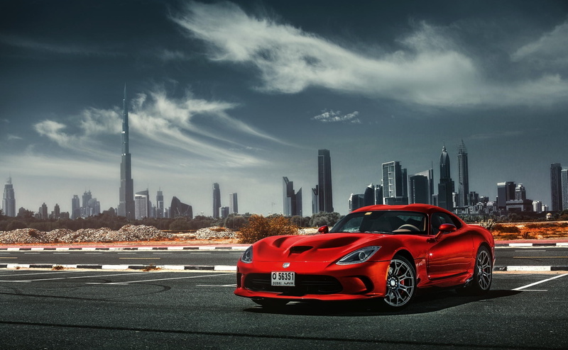 dodge viper, luxury, srt, asphalt, skyscraper, cityscape, finance, street, sky, road, financial district, car, building, mode of transportation, land Vehicle