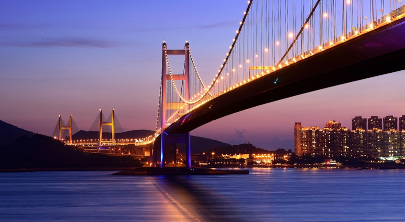 office building exterior, bay, connection, ma, skyscraper, bridge - man made structure, hong, nature, China, illuminated, transportation, cityscape, travel destinations
