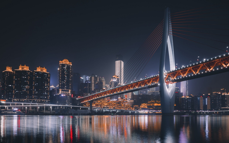 night city, fog, China, Chongqing, building, architecture, 4K, night, lights, bridge, home, water