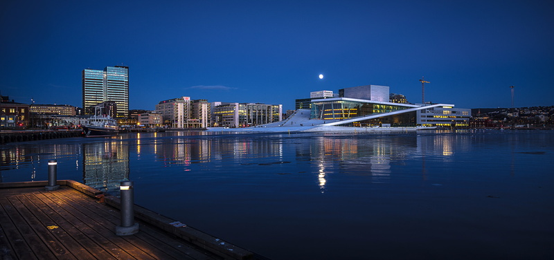 nature, travel destinations, modern, landscape, Opera house, city, building exterior, buildings, high, illuminated, dusk, Norway, architecture, cityscape