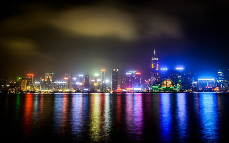 1080P, no people, lights, outdoors, Hong Kong, night, photography, office building exterior, urban, sea, sky, urban skyline, water, city lights, residential district