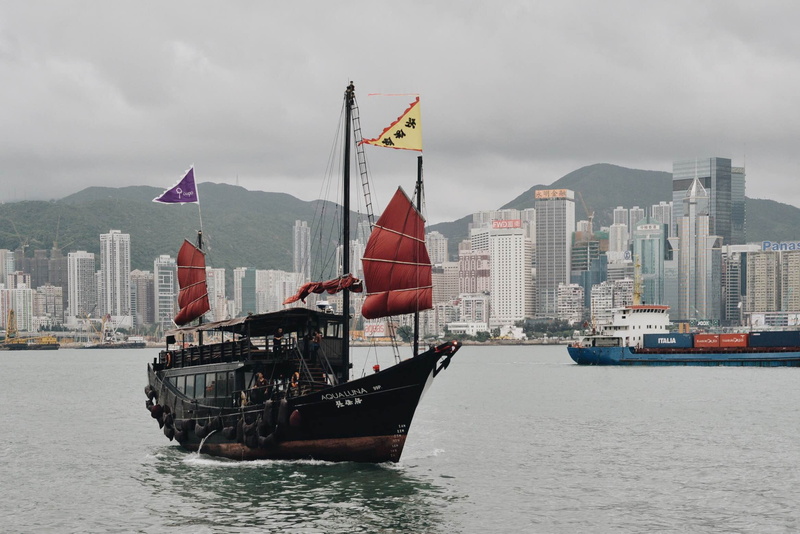 mode of transportation, travel destination, junk boat, skyscrapers, victoria harbour, skyscraper, hong kong, built structure, architecture, travel, sky