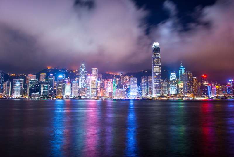 no people, 4K, purple, reflection, urban skyline, night, water, nature, skyscraper, sky, building, buildings, travel destinations, office building exterior