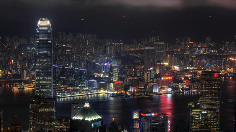 outdoors, building, skyscraper, harbour, building exterior, residential district, financial district, night, no people, city lights, 4K, office building exterior