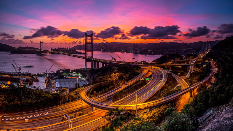 highway, Hong Kong, street, sunset, Tsing Ma Bridge, bridge, Long Exposure, city, way, Victoria Harbour, 1080P