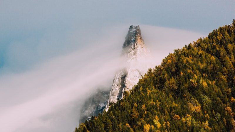 snowy peak, mountains, mountain peak, tranquil scene, fog, land, forest, angle, long exposure, tree, non-urban scene, cloud - sky, 4K, photography, nature