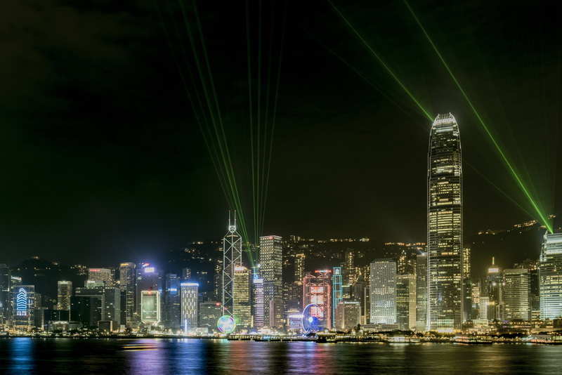 sky, building, laser, architecture, famous Place, nightlife, no people, night, downtown District, waterfront, long, skyscraper, financial district, water
