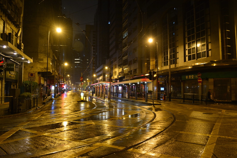 victoria, dark, tram, building, hongkong, night, transportation, empty, dusk, wet, road, asia, travel, sky, nature, business, downtown, landmark, built structure