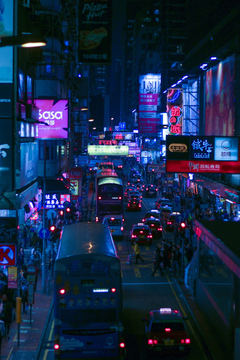 road, people, blue, skyscraper, car, street, night, illuminated, city life, future, traffic, motor vehicle, office building exterior, city, neon, land vehicle