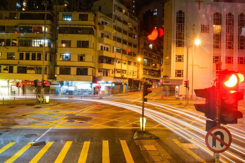 city street, lighting equipment, hong kong, illuminated, 5K, mode of transportation, long exposure, light, marking, sign, outdoors, street, city, motion