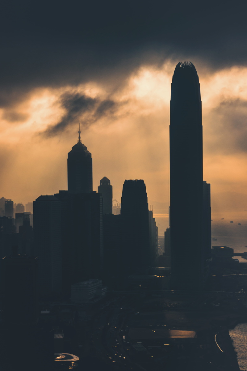 orange color, skyscraper, light, office building exterior, modern, landscape, financial district, hongkong, 5K, urban, sky, building exterior, nature