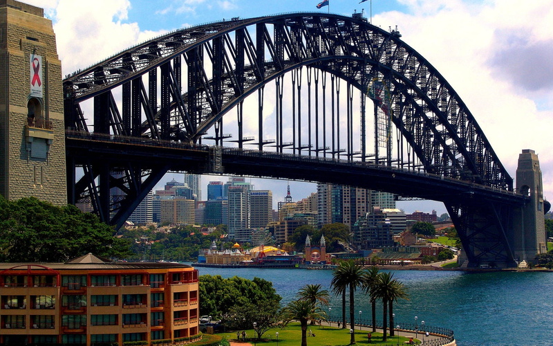 building exterior, sydney, new South Wales, urban Skyline, arch, dusk, river, skyscraper, bay, coast, transportation, harbor, city, office building exterior