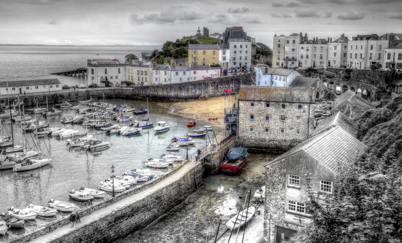 cloud - sky, Tenby, mode of transportation, water, no people, car, day, architecture, England, 4K, high angle view, boat, residential district, sky, building exterior