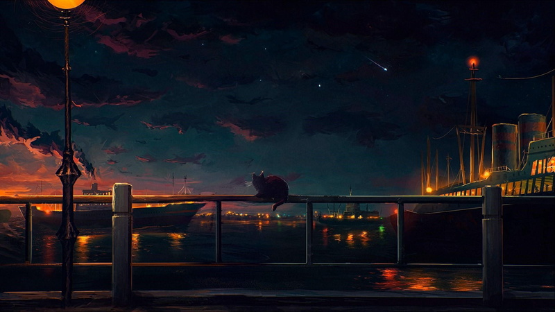 anime landscape, cat, sea, night, ship, anime art, harbor, railing, 1080P