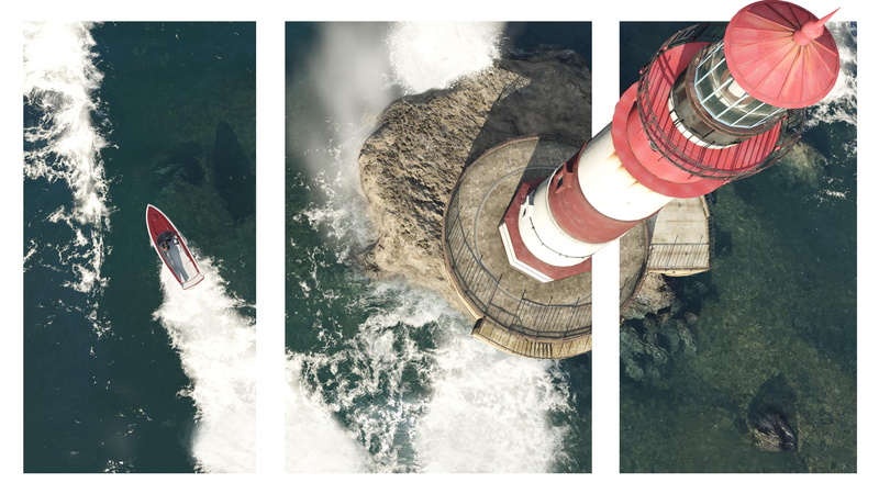 auto post production filter, lighthouse, day, nautical vessel, flowing water, water, nature, transportation, 3D, speed, motion, 4K, transfer print, outdoors
