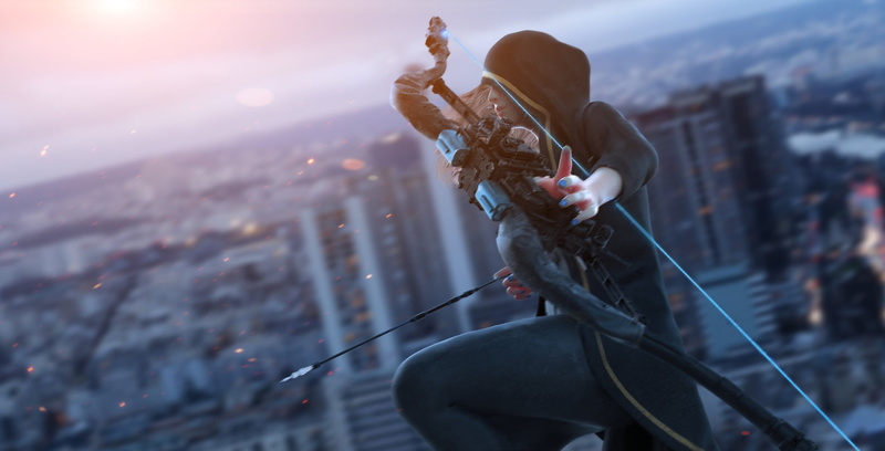 hunter girl, bow, stealth, hoodie, buildings, 1080P, jumping, Fantasy, @mark chang