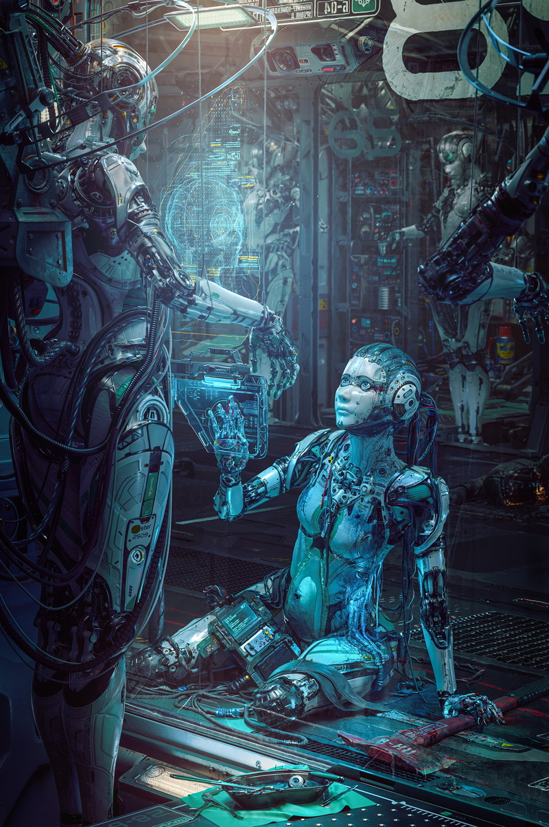 CGI, Gynoid, ArtStation, science fiction, futuristic, 2K, artwork, digital art, machine, Michael-Black, render