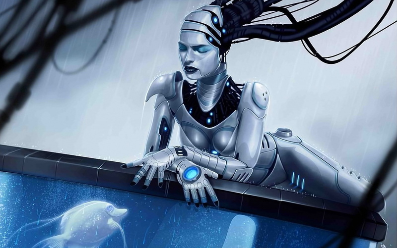 science fiction, artwork, fish, Closed Eyes, Gynoid, 720P