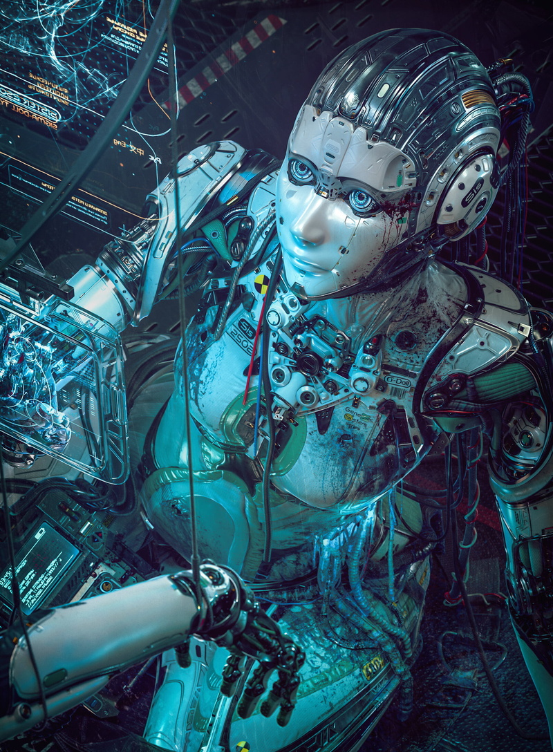digital art, render, Michael-Black, 2K, machine, ArtStation, face, blood, Gynoid, futuristic, CGI, science fiction