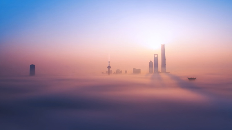 purple, sun, built structure, dawn, sky, industry, skyscraper, mist, air pollution, nature, city, no people, building exterior, 1080P, Shanghai, office building exterior