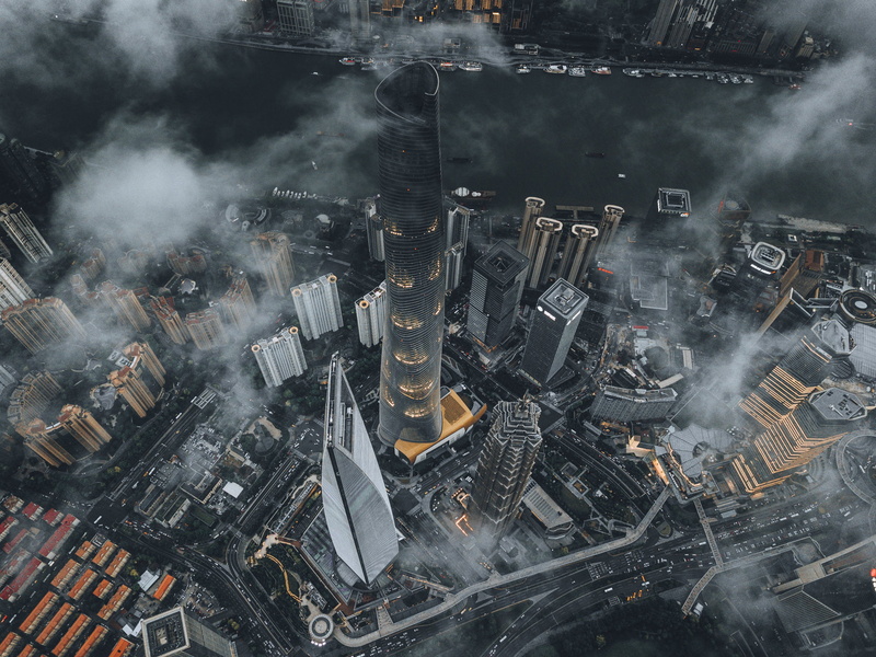 urban skyline, buildings, city, concrete, skyscraper, smoke - physical structure, night, aerial view, architecture, metal, Shanghai, modern, high angle view